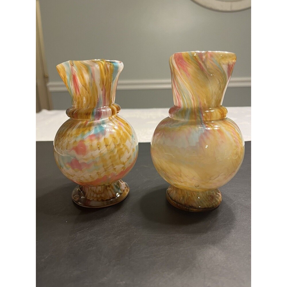 Pair of Vtg 1930’s Franz Welz Czech Art Glass Vases Swirl Splatter Bohemian